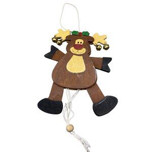 Christmas reindeer wood ornament pull legs arms bells holly brown black 6" READ